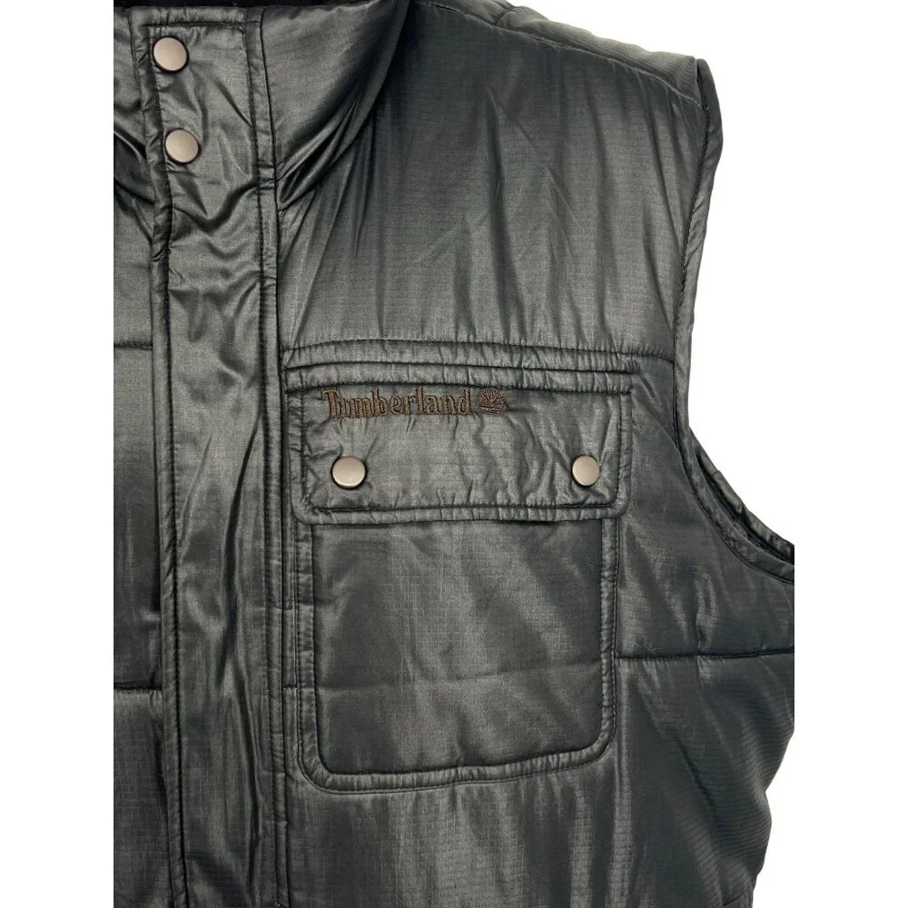 Timberland Men Blue Quilt Puffer Vest Medium Snap Button Pockets Sleeveless EUC - Picture 3 of 10